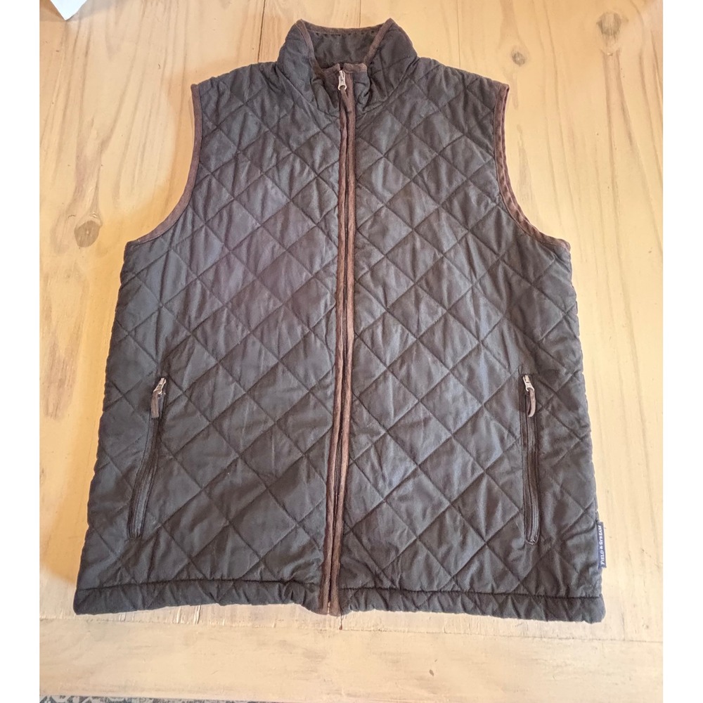Field & Stream Mens Quilted Vest Medium Black Brown Trim Full Zip Mock Neck